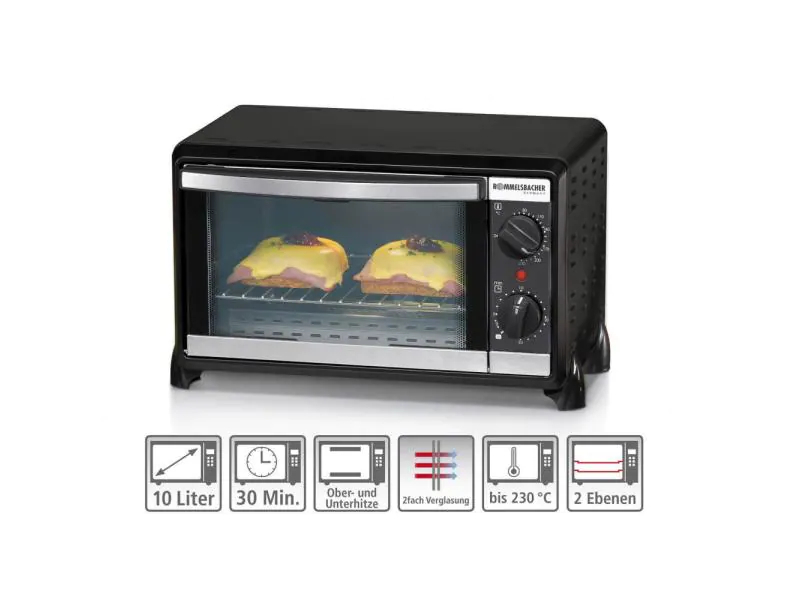 Rommelsbacher Kleinbackofen 20.BG 950 Backrauminhalt 10 Liter, 950 Watt, schwarz, für Backformen bis 20 cm Ø, stufenlose Temperaturregelung von 80 °C bis 230 °C, Heizart: Ober-/Unterhitze, 2 Einschubebenen, Inkl. abklappbares Krümelblech, Brat-/Backb