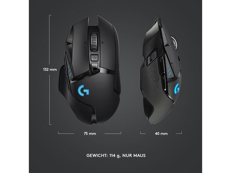 Logitech Gaming-Maus G502 Lightspeed Wireless, Maus Features: Daumentaste; Scrollrad; RGB-Beleuchtung; Herausnehmbare Gewichte; Hyperschnelles Scrollen; Programmierbare Tasten, Bedienungsseite: Rechtshänder, Farbe: Schwarz, Gewicht: 114 g, Anzahl Tasten: