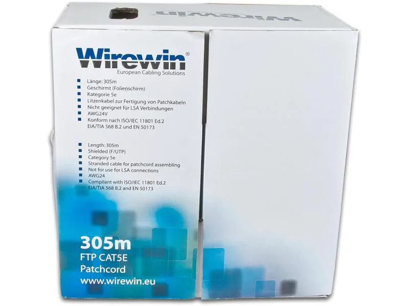 Wirewin Patchkabel: F/UTP, 305m, Cat.5e, 1Gbps, 100MHz, grau, Pull Out Box