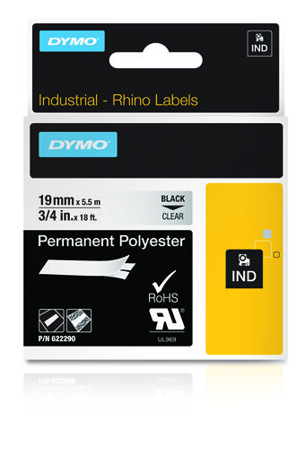 RHINO TAPE POYESTER 19MM/5.5MM RHINO TAPE POYESTER 19MM/5.5MM BLACK ON TRANSPARENT  NMS