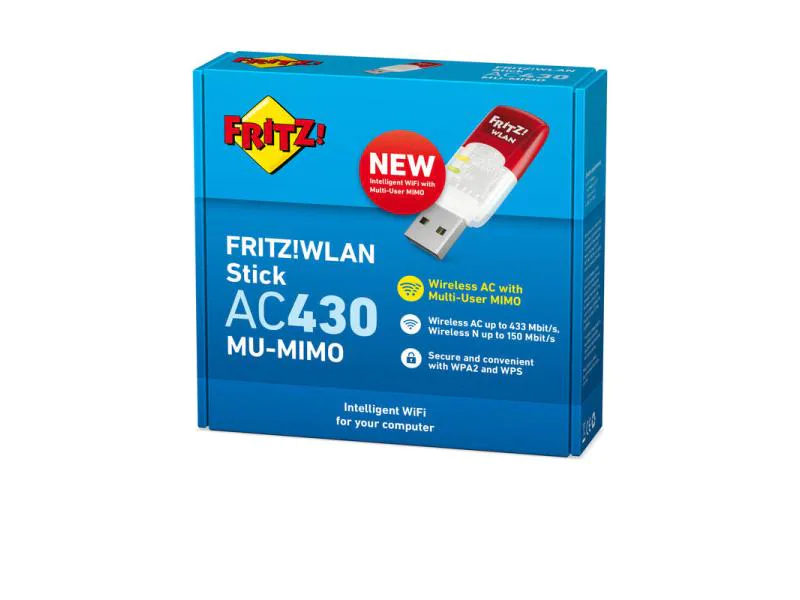 AVM WLAN-AC USB-Stick FRITZ! 430 MU-MIMO International, Antennenanschluss: Kein externer Anschluss, Antennengewinn Max.: 2 dBi, Anzahl WLAN Streams: 1x1, Formfaktor: Extern, Frequenzband: 2.4 GHz, 5 GHz, Höhe Slot-Blech: Extern