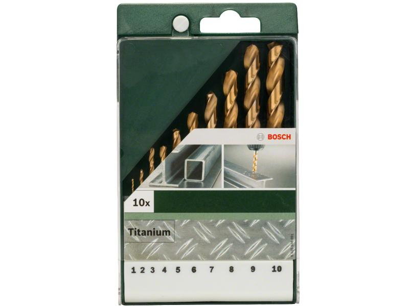 Bosch Metallbohrer-Set HSS-TiN 10-teilig, Zubehörtyp: Bohrer, Set, Durchmesser: 1.0 mm; 2.0 mm; 3.0 mm; 4.0 mm; 5.0 mm; 6.0 mm; 7.0 mm; 8.0 mm; 9.0 mm; 10 mm