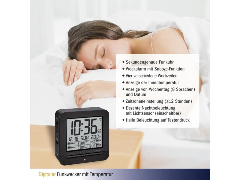 TFA Dostmann Digitalwecker mit Temperaturanzeige Schwarz, Funktionen: Alarm, Snooze-Funktion, Ausstattung: Wochentag, Hintergrundbeleuchtung, Datum, Displaytyp: Digital, Farbe: Schwarz, Funksignal: Ja, Anzahl Zeitzonen: 1 ×