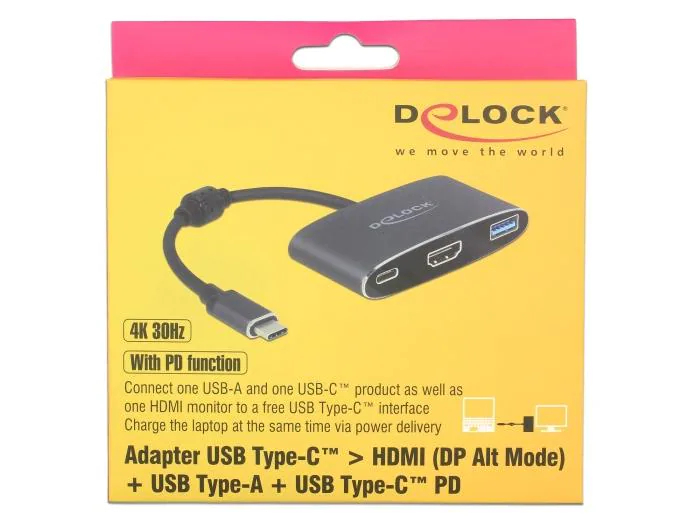 DeLock Adapter USB-C - VGA, USB 3.0 Schwarz, Kabeltyp: Adapter, Videoanschluss Seite A: USB Type-C, Videoanschluss Seite B: HDMI; USB 3.0; USB Type-C, Inkl. USB-C Anschluss für USB Bus Power