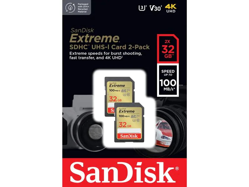 EXTREME 32GB SDHC MEMORY CARD 2-PACK 100MB/S 60MB/S UHS-I CLAS  NMS NS EXT