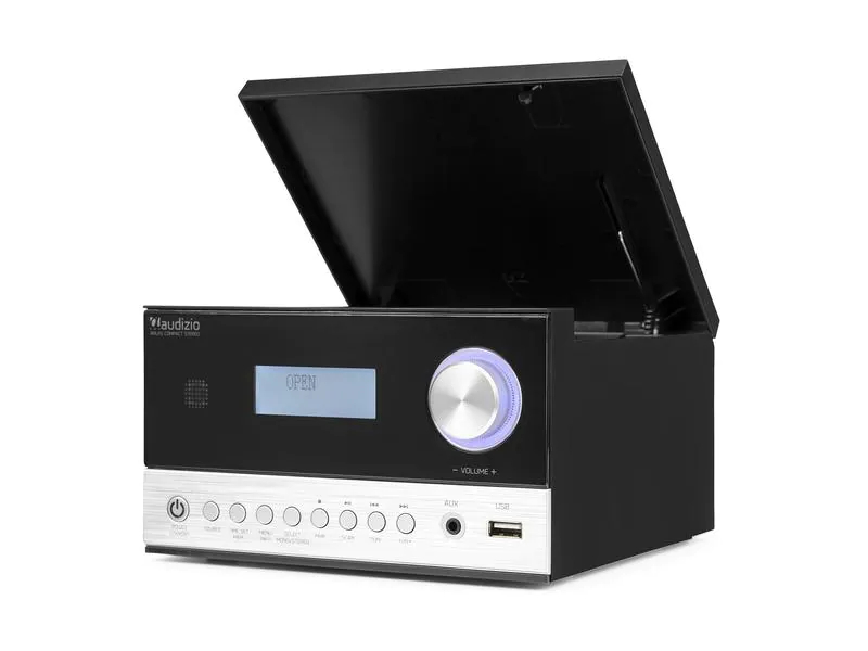 Audizio Micro-HiFi Anlage Arles Schwarz, Radio Tuner: FM, DAB+, Detailfarbe: Schwarz, Lautsprecher Kategorie: Aktiv, Verbindungsmöglichkeiten: 3.5 mm Klinke, Kopfhörer 3.5mm Klinke, USB, Ausstattung: Sleep-Timer, LC-Display, Fernbedienung, USB, FM Radio