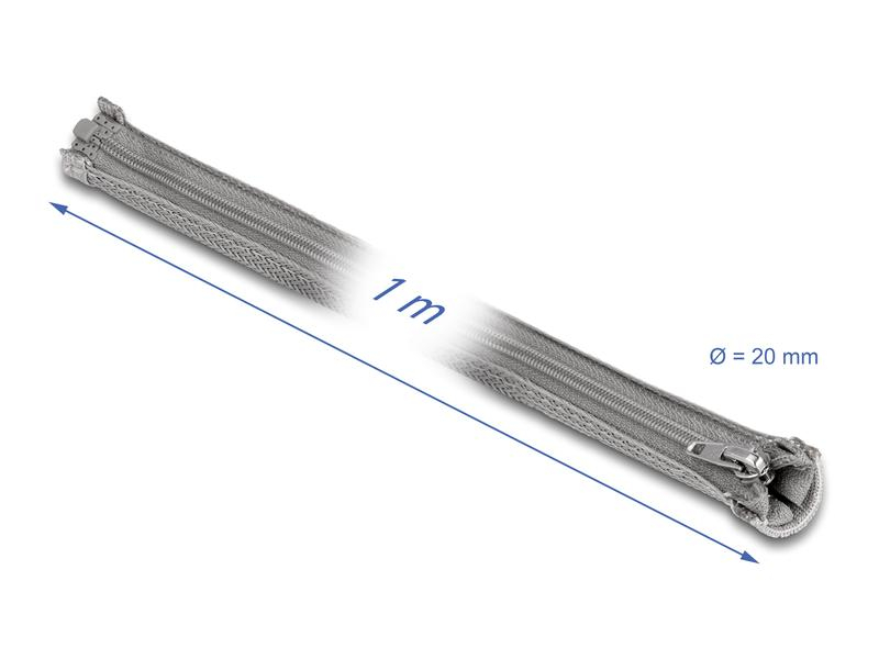 Delock Kabelschlauch 1 m x 20 mm Grau, Detailfarbe: Grau, Breite: 20 mm, Länge: 1 m, Produkttyp: Kabelschlauch, Ausstattung Kabelmanagement: Wiederverwendbar, Reissverschluss, Verpackungseinheit: 1 Stück