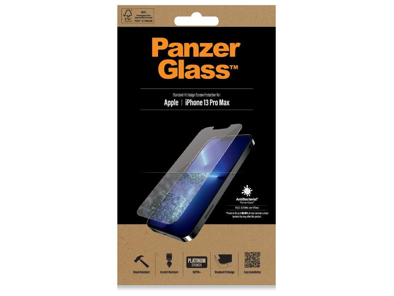 Panzerglass Displayschutz Standard Fit AB iPhone 13 Pro Max, Mobiltelefon Kompatibilität: iPhone 13 Pro Max, Folien Effekt: Kristallklar, Antibakteriell, Selbstklebend, Hochtransparent, Fettabweisend, Verpackungseinheit: 1 Stück, Kompatible Hersteller: