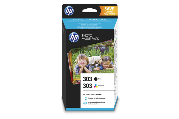 HP 303 | Combopack 4er Set und Papier HP Tintenpatrone, schwarz, cyan, magenta und gelb und 40 Blatt Papier