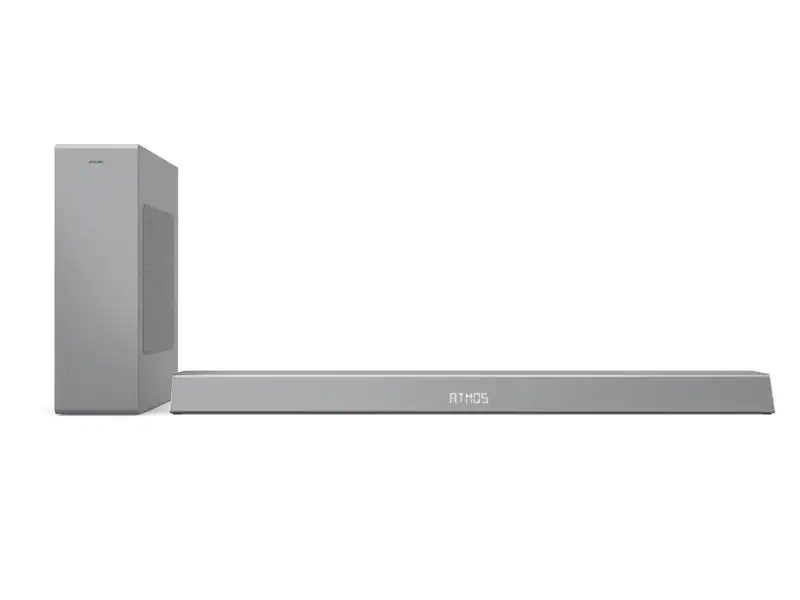 Philips Soundbar TAB8505/10, Verbindungsmöglichkeiten: Toslink, 3,5 mm Klinke, HDMI, Bluetooth, USB, WLAN, Audiokanäle: 2.1, Farbe: Silber, Soundbar Typ: Soundbar mit kabellosem Subwoofer, Ausstattung: Spotify Connect, DTS Play-Fi, Bluetooth, Dolby Atmo