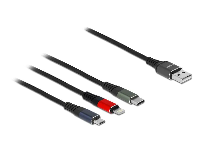 Delock USB-Ladekabel USB A - Lightning/Micro-USB B/USB C 0.3 m, Kabeltyp: Ladekabel, Detailfarbe: Mehrfarbig, USB Standard: 2.0 (480 Mbps), Länge: 0.3 m, USB Anschluss 2 (Endgerät): Micro-USB B, Lightning, USB C, Geschlecht Anschluss 2 (Endgerät): Male