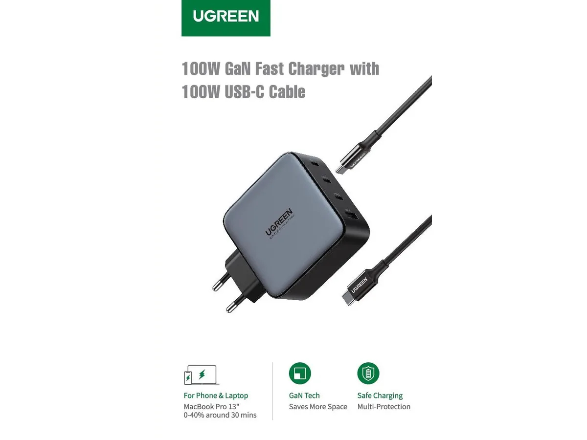 UGREEN USB Charger 100W 4-Port set 90575 PD GaN 3xUSB-C,1xUSB-A&cable