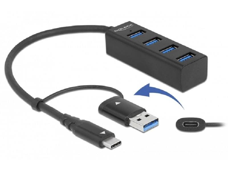 Delock USB-Hub 3.0 Typ-C, Stromversorgung: USB, Anzahl Ports: 4, Detailfarbe: Schwarz, USB Standard: 3.0/3.1 Gen 1 (5 Gbps), USB Anschluss 2 (Endgerät): USB A, USB Anschluss 1 (Quelle): USB C