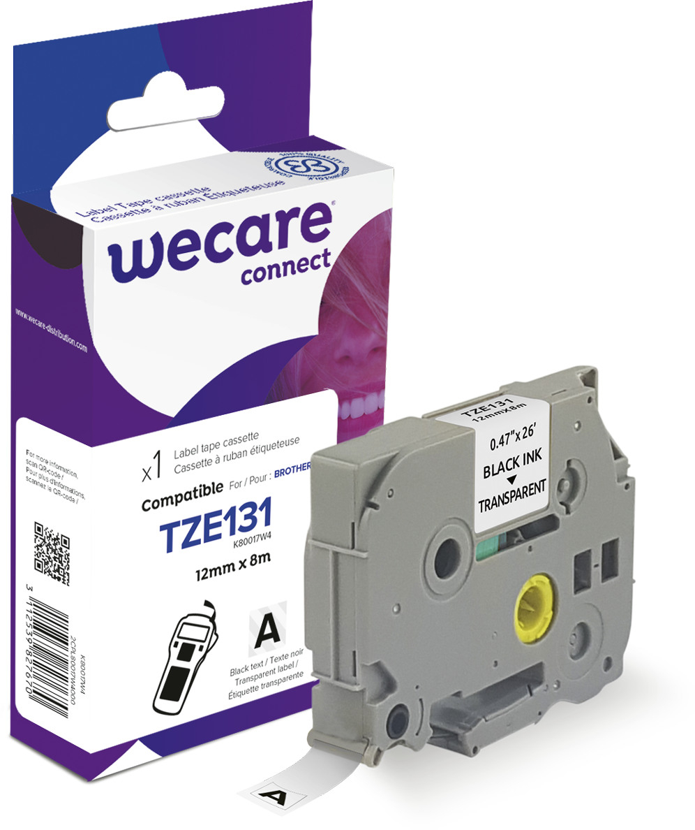 WECARE Band, laminiert schwarz/klar TZe-131WE ersetzt Ptouch Tze-131 12mm