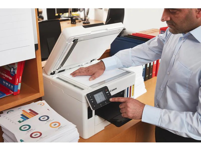 Canon Multifunktionsdrucker MAXIFY GX7050, Druckertyp: Farbig, Drucktechnik: Tintenstrahl, Total Fassungsvermögen Papierzuführungen: 600 Seiten, Mobildruck: Ja, Anzahl Papierzuführungen (maximal): 3, Druckgeschwindigkeit (farbig): 15.5 ppm