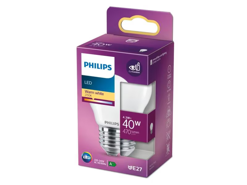 Philips Lampe 4.3 W (40 W) E27 Warmweiss, Lampensockel: E27, Lampenform: Birnenform, Lichtstärke: 470 lm, Dimmbar: Nein, Zusätzliche Ausstattung: Keine, Leuchtmittel Technologie: LED