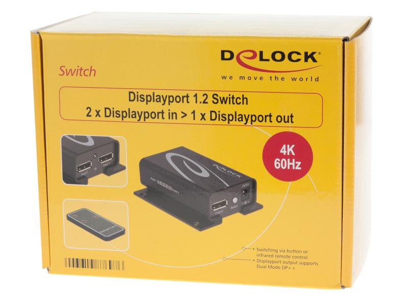 Delock Switchbox Displayport, 2 Port, 4K support, Bedienungsart: Tasten, Anzahl Eingänge: 2 ×, Steckertyp Seite A: DisplayPort, Anzahl Ausgänge: 1 ×, Steckertyp Seite B: DisplayPort