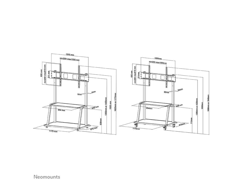 Neomounts by NewStar TV-Trolley NS-M4000BLACK Schwarz, Eigenschaften: Höhenverstellbar, Kabelführung, Höhenverstellbar: Ja, Detailfarbe: Schwarz, VESA Norm: 800x800 mm, 500x400 mm, 800x600 mm, 400x200 mm, 600x200 mm, 400x300 mm, 200x500 mm, 800x500 mm,