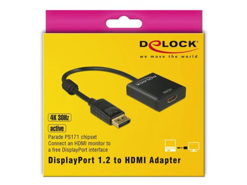 DeLock Konverter DP - HDMI Schwarz, Typ: Konverter, Videoanschluss Seite A: DisplayPort, Videoanschluss Seite B: HDMI