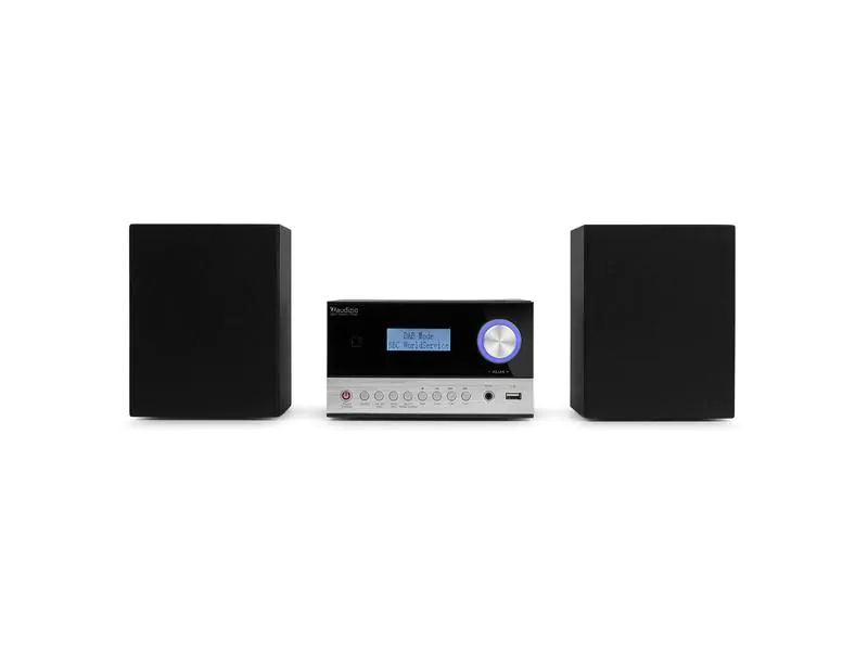 Audizio Micro-HiFi Anlage Arles Schwarz, Radio Tuner: FM, DAB+, Detailfarbe: Schwarz, Lautsprecher Kategorie: Aktiv, Verbindungsmöglichkeiten: 3.5 mm Klinke, Kopfhörer 3.5mm Klinke, USB, Ausstattung: Sleep-Timer, LC-Display, Fernbedienung, USB, FM Radio