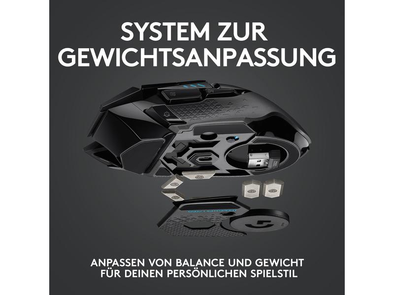 Logitech Gaming-Maus G502 Lightspeed Wireless, Maus Features: Daumentaste; Scrollrad; RGB-Beleuchtung; Herausnehmbare Gewichte; Hyperschnelles Scrollen; Programmierbare Tasten, Bedienungsseite: Rechtshänder, Farbe: Schwarz, Gewicht: 114 g, Anzahl Tasten: