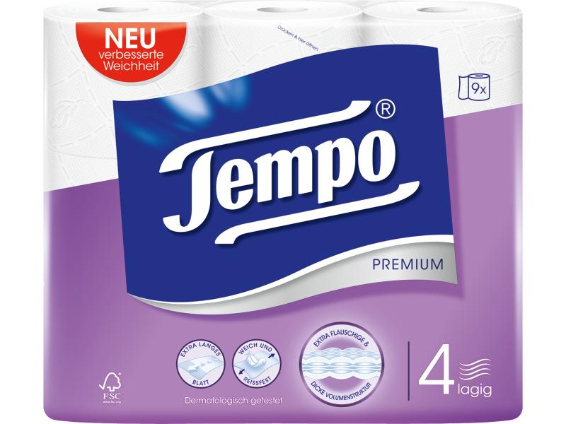 Tempo Toilettenpapier Premium 4-lagig Weiss, Anzahl Blatt: 110 ×, Anzahl Lagen: 4, Anzahl Rollen: 9, Farbe: Weiss