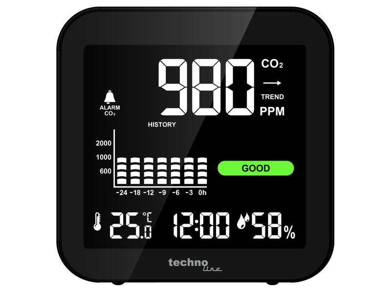 Technoline CO2 Luftgütemonitor WL 1025, Detailfarbe: Schwarz, Typ: Umweltmessgeräte, Anwendungsbereich: Temperatur-/Feuchtemessung, Messung der CO?-Konzentration