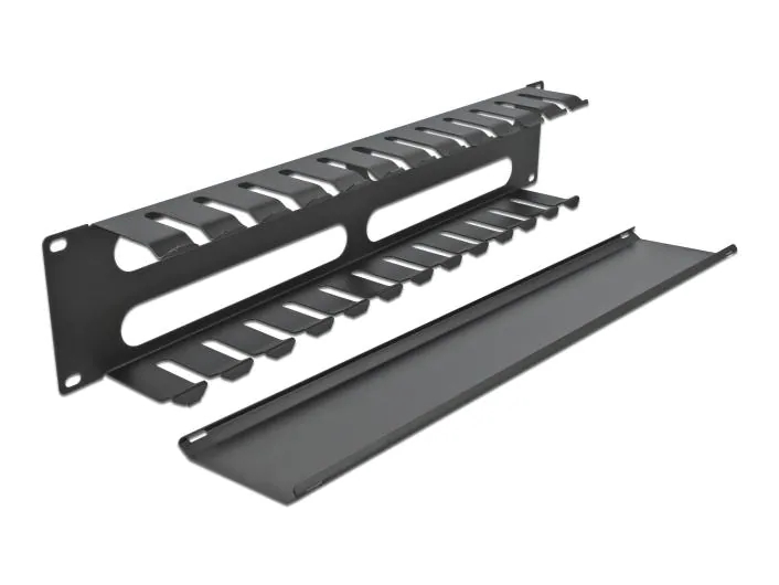 Delock Kabelführungspanel 2HE mit 4 Öffnungen 19" Rack, Schwarz, Befestigung: 19" Rack, Farbe: Schwarz