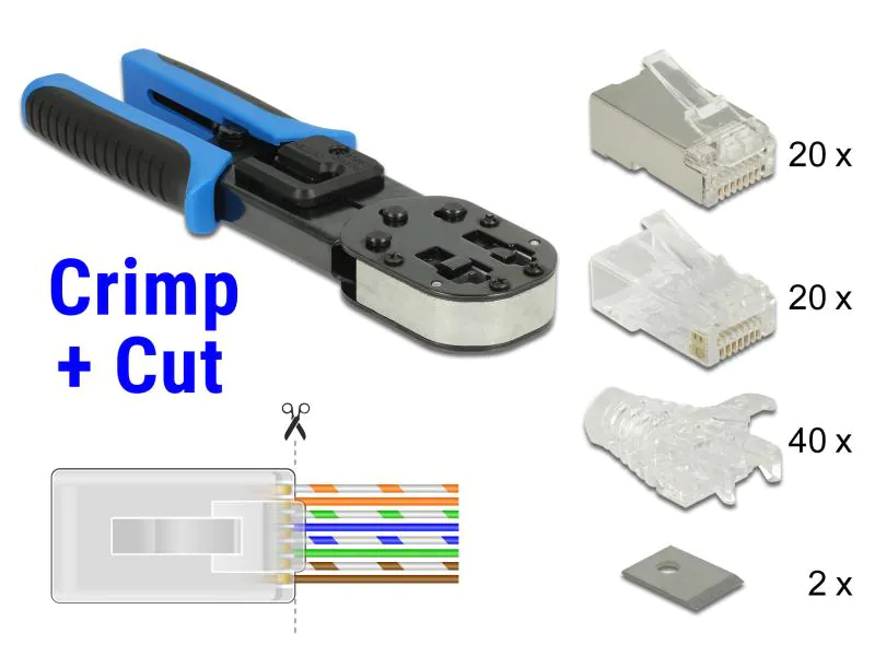 Delock Crimpset RJ45 Crimp&Cut Werkzeugset, Typ: Crimpzange, Länge: 21.2 cm