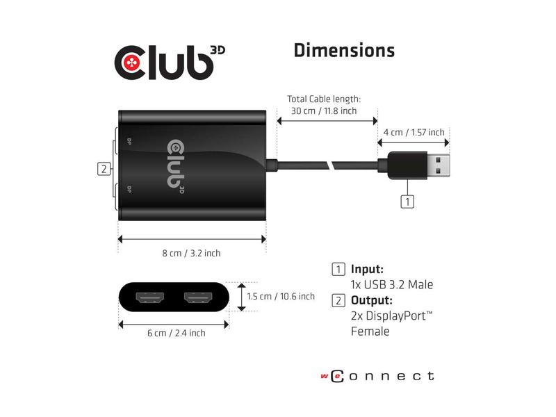 Club 3D Adapter MST Hub USB Typ-A 3.1 - 2x HDMI 2.0, Videoanschluss Seite A: HDMI, Auflösung Max.: 3840 x 2160 (Ultra HD 4K), Max. gleichzeitige Displays: 2, Schnittstelle Hardware: USB 3.0, Kabellänge: 27 cm