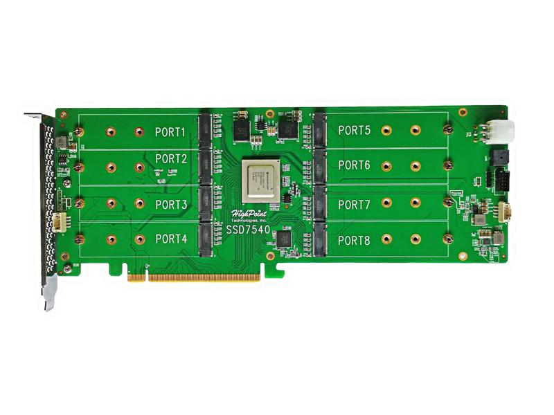 Highpoint RAID-Controller SSD7540 8xPCI-x4v4 M.2, nicht bootfähig, Formfaktor: Full-Height, Transferrate: 32000 Mbit/s, Anzahl Ports: 8, Schnittstelle Hardware: PCI-Express x16, Anzahl Kanäle: 8, RAID: Ja