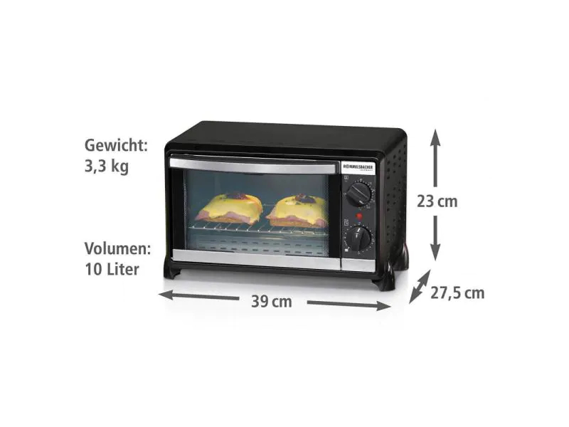 Rommelsbacher Kleinbackofen 20.BG 950 Backrauminhalt 10 Liter, 950 Watt, schwarz, für Backformen bis 20 cm Ø, stufenlose Temperaturregelung von 80 °C bis 230 °C, Heizart: Ober-/Unterhitze, 2 Einschubebenen, Inkl. abklappbares Krümelblech, Brat-/Backb