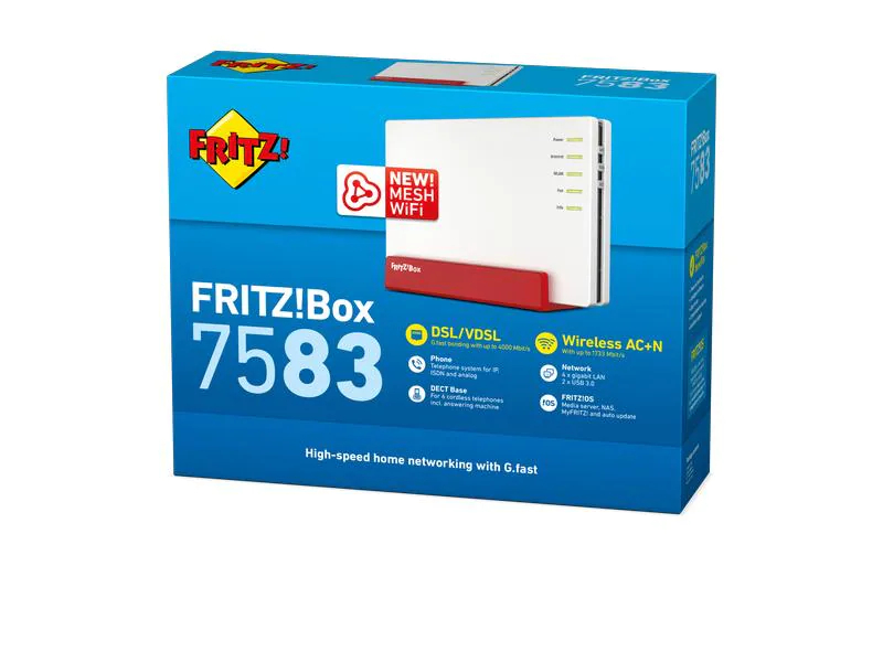 AVM VDSL-Router FRITZ!Box 7583 International, Anwendungsbereich: Small/Medium Business, Home, Basisanschluss: Analog (Annex A), Modemtyp: VDSL/VDSL2+, G.Fast, RJ-45 Anschlüsse: 4, RJ-45 Geschwindigkeit: 10/100/1000 Mbit/s, WAN Anschlüsse: 1