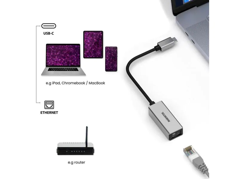 Marmitek Adapter Connect USB-C groesser als Ethernet, Eingänge: USB-C, Ausgänge: RJ-45