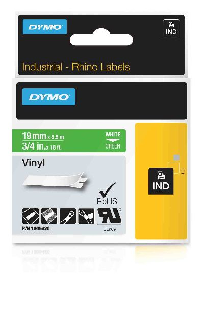 DYMO RHINO Vinyl-Schriftband weiß/grün, 19 mm x 5,5 m