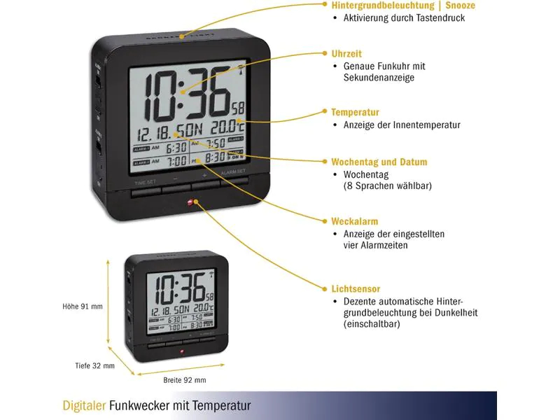 TFA Dostmann Digitalwecker mit Temperaturanzeige Schwarz, Funktionen: Alarm, Snooze-Funktion, Ausstattung: Wochentag, Hintergrundbeleuchtung, Datum, Displaytyp: Digital, Farbe: Schwarz, Funksignal: Ja, Anzahl Zeitzonen: 1 ×