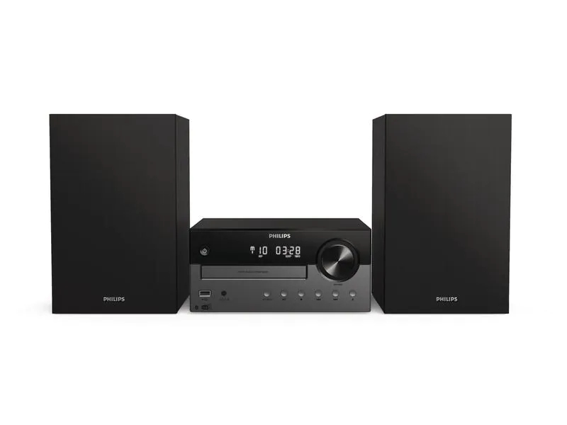 Philips Micro-HiFi Anlage TAM4505/12 Schwarz, Radio Tuner: DAB+, FM, Farbe: Schwarz, Lautsprecher Kategorie: Regallautsprecher, Ausstattung: Bluetooth, CD, USB, Verbindungsmöglichkeiten: 3,5 mm Klinke, Bluetooth, USB, System-Kompatibilität: Keine