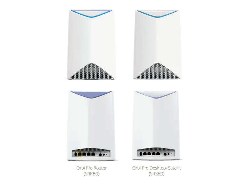 Netgear Mesh-System Orbi Pro SRK60-100EUS, Anwendungsbereich: Small/Medium Business; Home, RJ-45 Anschlüsse: 4 ×, RJ-45 Geschwindigkeit: 10/100/1000 Mbit/s, WAN Anschlüsse: 1 ×, WLAN Standard: 802.11ac, Frequenzband: 2.4 GHz; 5 GHz, WLAN Geschwindigke