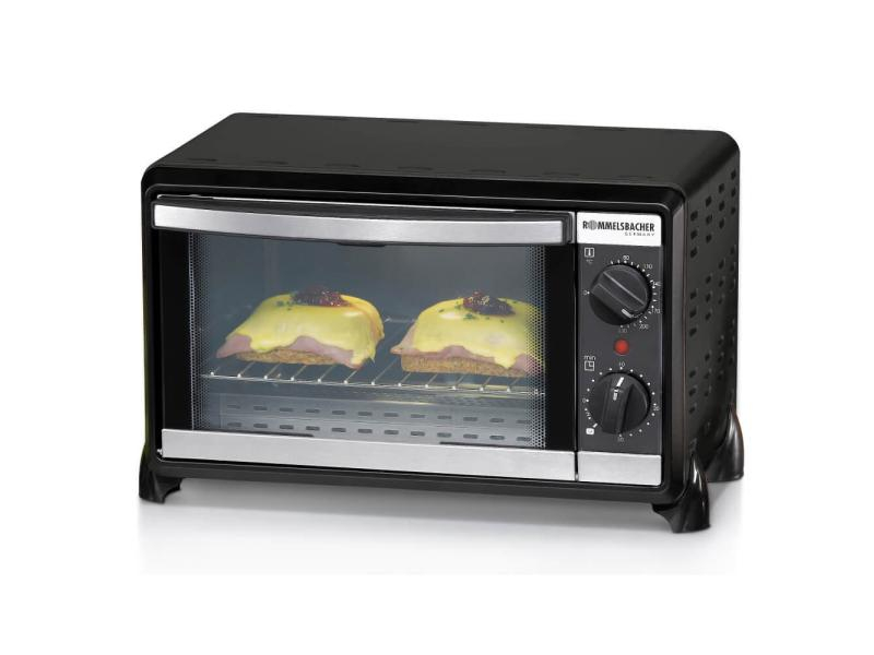 Rommelsbacher Kleinbackofen 20.BG 950 Backrauminhalt 10 Liter, 950 Watt, schwarz, für Backformen bis 20 cm Ø, stufenlose Temperaturregelung von 80 °C bis 230 °C, Heizart: Ober-/Unterhitze, 2 Einschubebenen, Inkl. abklappbares Krümelblech, Brat-/Backb