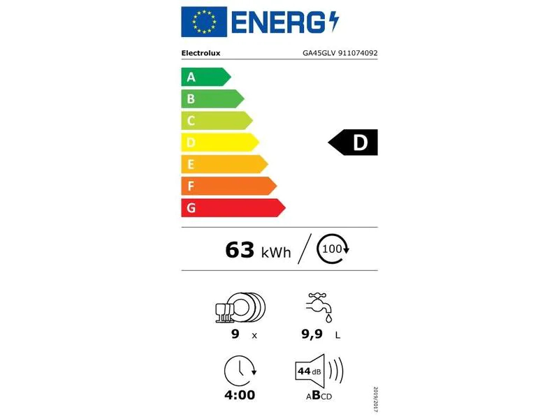 Electrolux Einbaugeschirrspüler GA45GLV, Vollintegriert, Energieeffizienzklasse EnEV 2020: D, Energieeffizienzklasse: Keine, Einbaunormen: EU 45, Einbaumodell: Ja, Geräuschentwicklung in Betrieb: 44 dBA, Breite: 44.6 cm