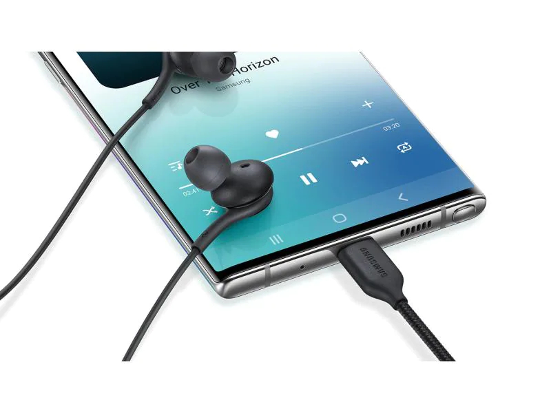 Samsung USB Type-C In-Ear-Kopfhörer EO-IC100, Verbindungsmöglichkeiten: USB Typ-C, Farbe: Schwarz, Impedanz: 32 ?, Kopfhörer Trageform: In-Ear, Kopfhörer Bauform: Halboffen, Einsatzbereich: Lifestyle, Kopfhörer Ausstattung: Inline-Fernbedienung; Anru