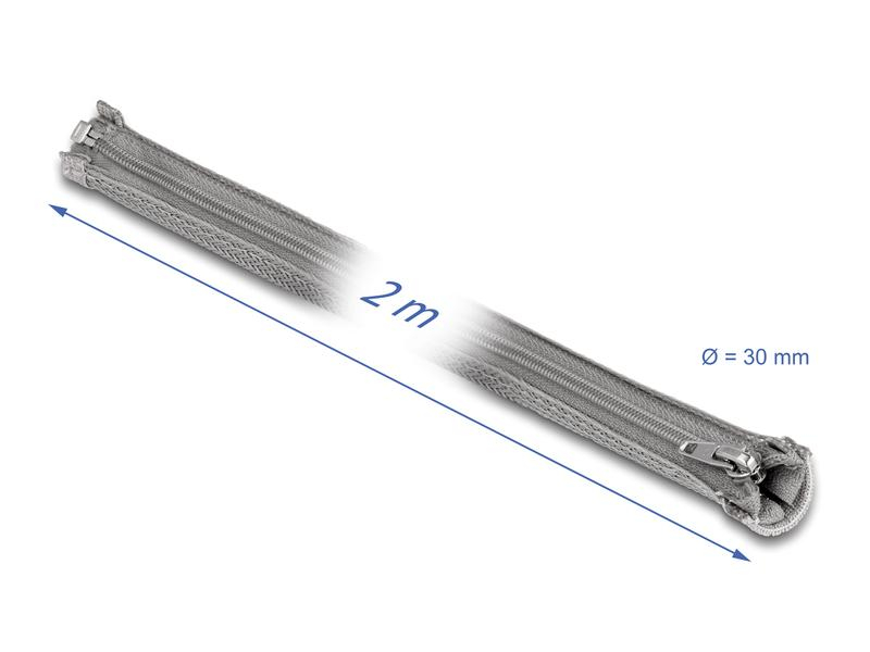 Delock Kabelschlauch 2 m x 30 mm Grau, Detailfarbe: Grau, Breite: 30 mm, Länge: 2 m, Produkttyp: Kabelschlauch, Ausstattung Kabelmanagement: Wiederverwendbar, Reissverschluss, Verpackungseinheit: 1 Stück