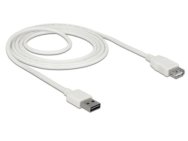 Delock USB 2.0-Verlängerungskabel A - A EASY-USB 2 m, Kabeltyp: Verlängerungskabel, Farbe: Weiss, USB Standard: 2.0 (480 Mbps), Länge: 2 m, USB Anschluss 2 (Endgerät): USB A, Geschlecht Anschluss 2 (Endgerät): Female (Buchse)
