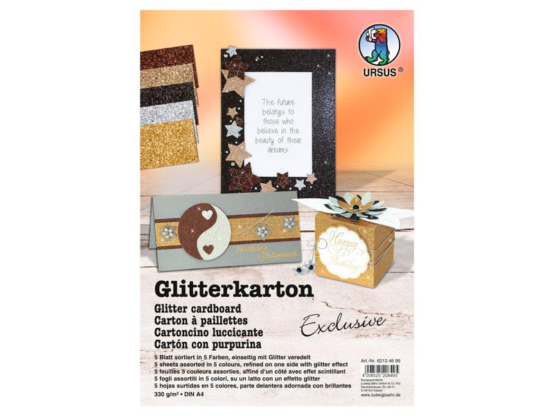 URSUS Glitzerkarton Exclusive A4, 330 g/m², 5 Blatt, Mehrfarbig, Detailfarbe: Mehrfarbig, Set: Nein