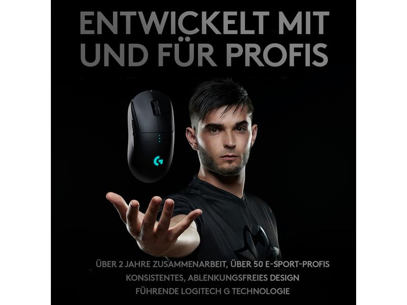 Logitech Gaming-Maus G Pro Wireless Lightspeed, Maus-Typ: Gaming, Bedienungsseite: Universal, Maus Features: Beleuchtung; Daumentaste; Batteriestandsanzeige; Integrierter Speicher; Scrollrad, Farbe: Schwarz, Verbindungsart: Kabellos; Verkabelt, Schnittste