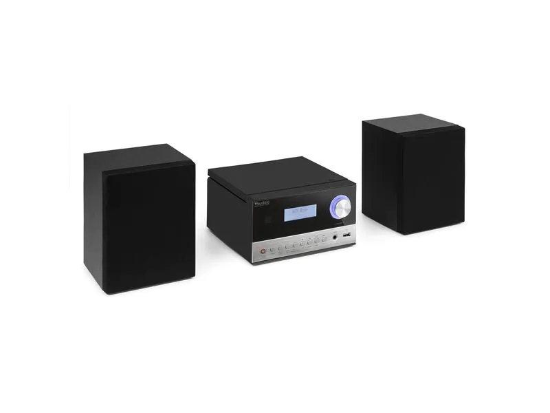 Audizio Micro-HiFi Anlage Arles Schwarz, Radio Tuner: FM, DAB+, Detailfarbe: Schwarz, Lautsprecher Kategorie: Aktiv, Verbindungsmöglichkeiten: 3.5 mm Klinke, Kopfhörer 3.5mm Klinke, USB, Ausstattung: Sleep-Timer, LC-Display, Fernbedienung, USB, FM Radio