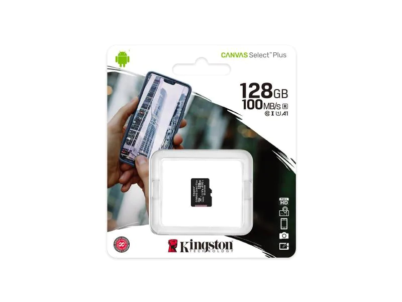 Kingston microSDXC-Karte Canvas Select Plus 128 GB, Speicherkartentyp: Micro-SDXC, Speicherkapazität: 128 GB, Geschwindigkeitsklasse: Class 10; U1; UHS-I; V10, Lesegeschwindigkeit max.: 100 MB/s, Schreibgeschwindigkeit max.: 85 MB/s, Speicherkartenadapte