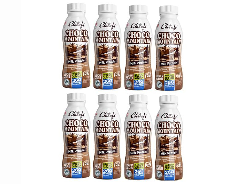 Chiefs Protein Milk Choco Mountain 8 x 330 ml, Produktionsland: Deutschland, Geschmacksrichtung: Schokolade, Anwendungszweck: Entspannung, Energie, Inhaltsstoffe: Milch, Einnahme: Nicht relevant, Laktosefrei: Ja