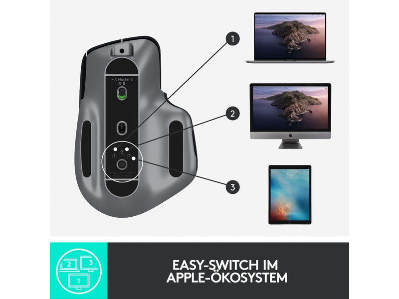 Logitech Maus MX Master 3 for Mac, Maus-Typ: Standard, Maus Features: Seitliches Scrollrad, Scrollrad, Daumentaste, Bedienungsseite: Rechtshänder, Farbe: Graphit, Verbindungsart: Kabellos, Schnittstelle: Bluetooth