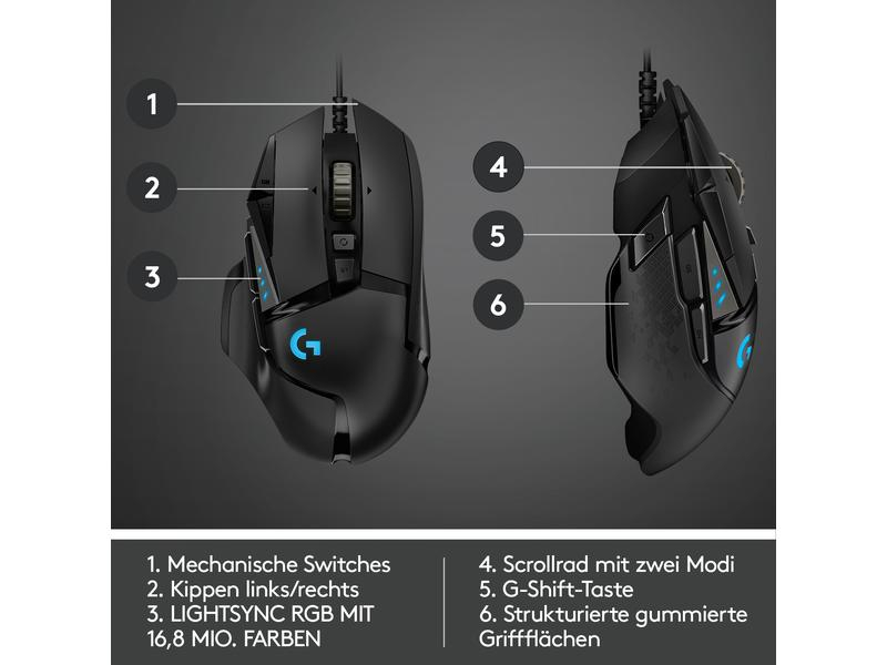 Logitech Gaming-Maus G502 HERO, Maus-Typ: Gaming, Bedienungsseite: Rechtshänder, Maus Features: Daumentaste; Scrollrad; Beleuchtung; Herausnehmbare Gewichte; Umschaltbare DPI-Auflösung, Farbe: Schwarz, Verbindungsart: Verkabelt, Schnittstelle: USB